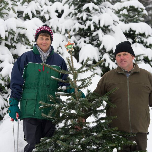 Balbina und Manfred Jochum stehen hinter einem ihrer Ländle Christbäume, Balbina hält eine Säge in der Hand, im Hintergrund ist außerdem eine Schneelandschaft sichtbar