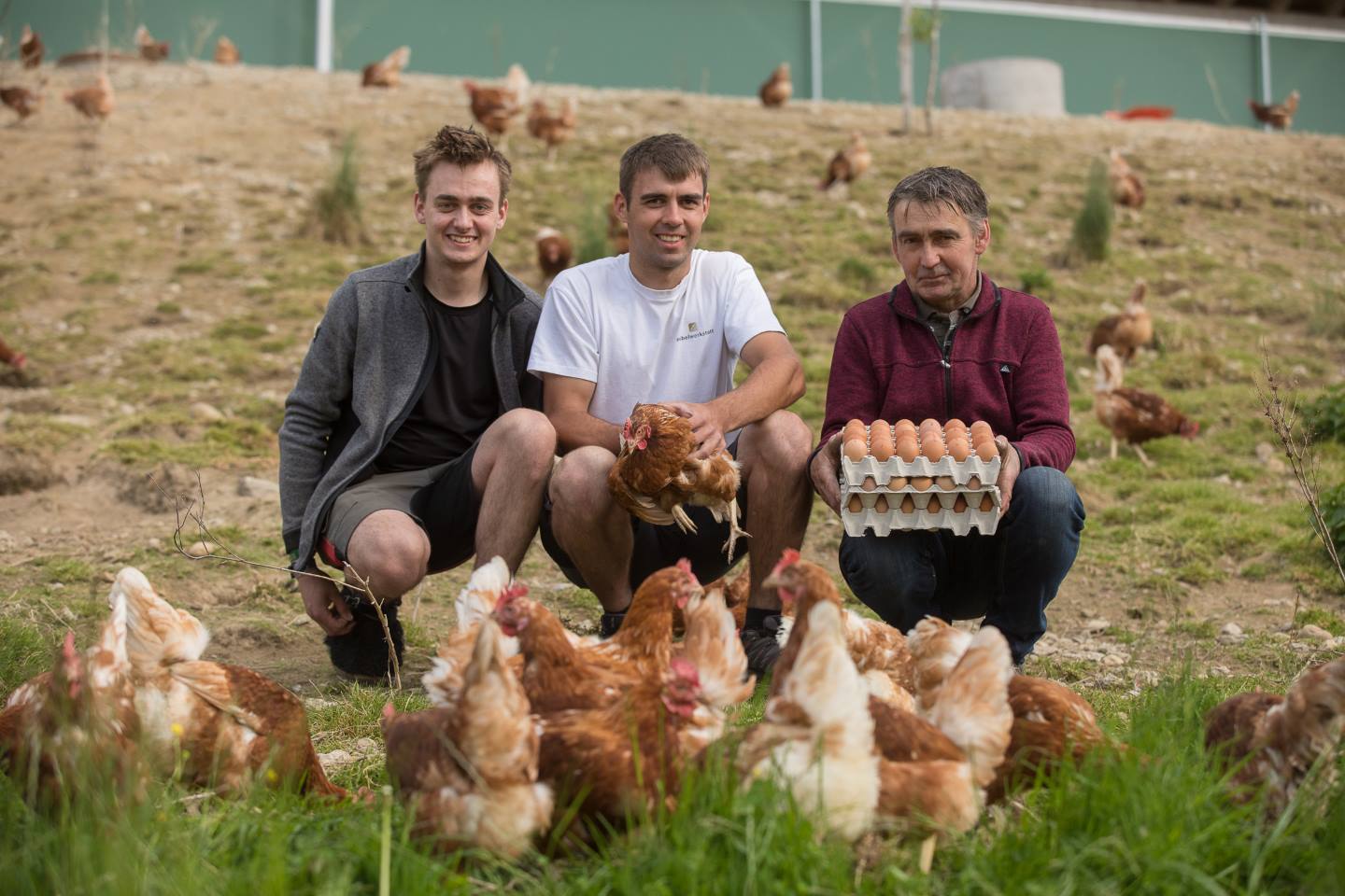 Peter Schneider Und Seine Söhne Stzen Auf Ihrem Hof Mit Einem Huhn Beziehungsweise Eiern In Der Hand