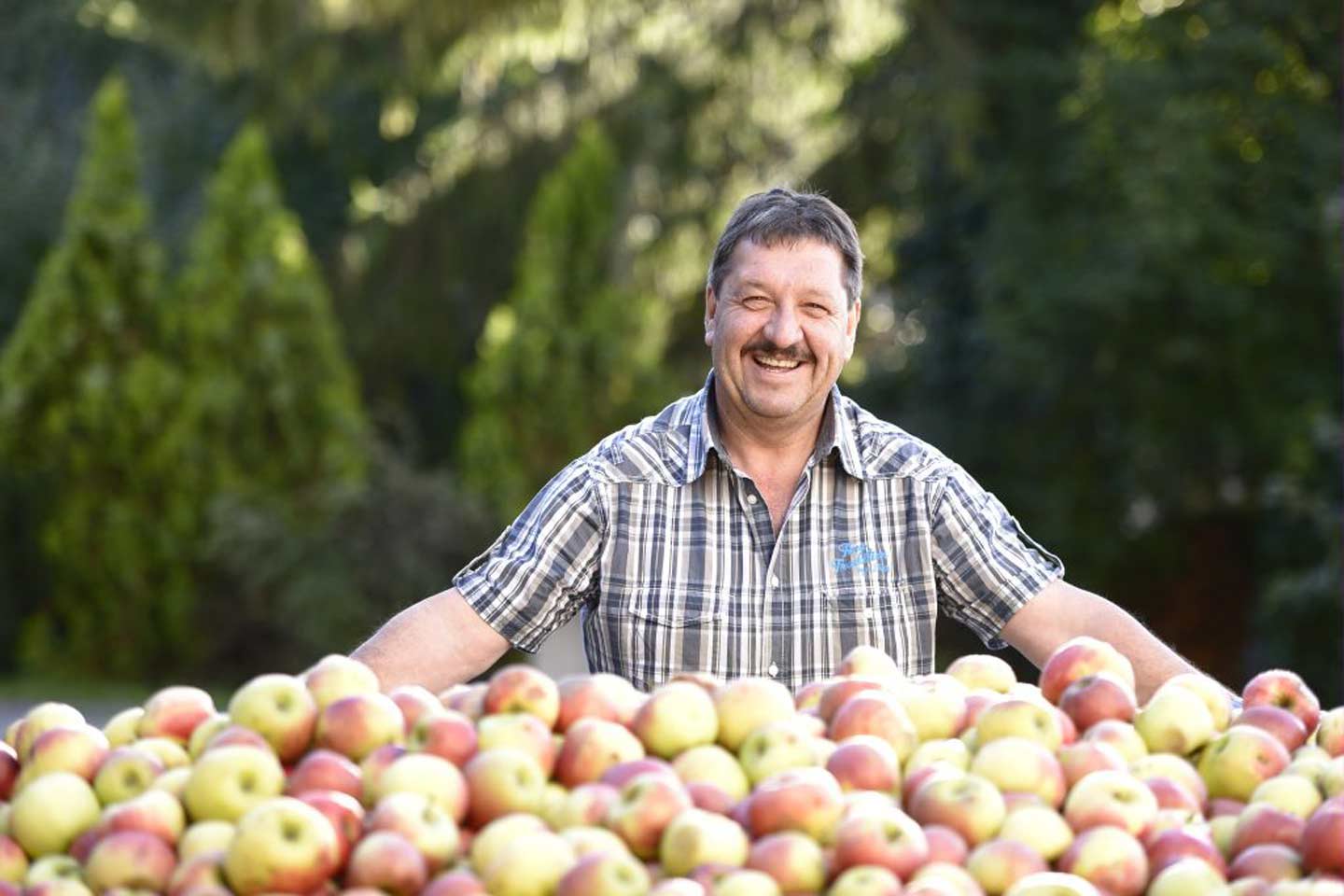 Gerold Amann Steht Hinter Einem Haufen Seiner Äpfel, Während Er In Die Kamera Lächelt