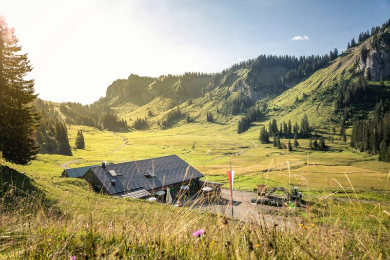 Foto Der Alpe Stongen Aus Weiterer Entfernung Im Sonnenlicht Umgeben Von Bergen.