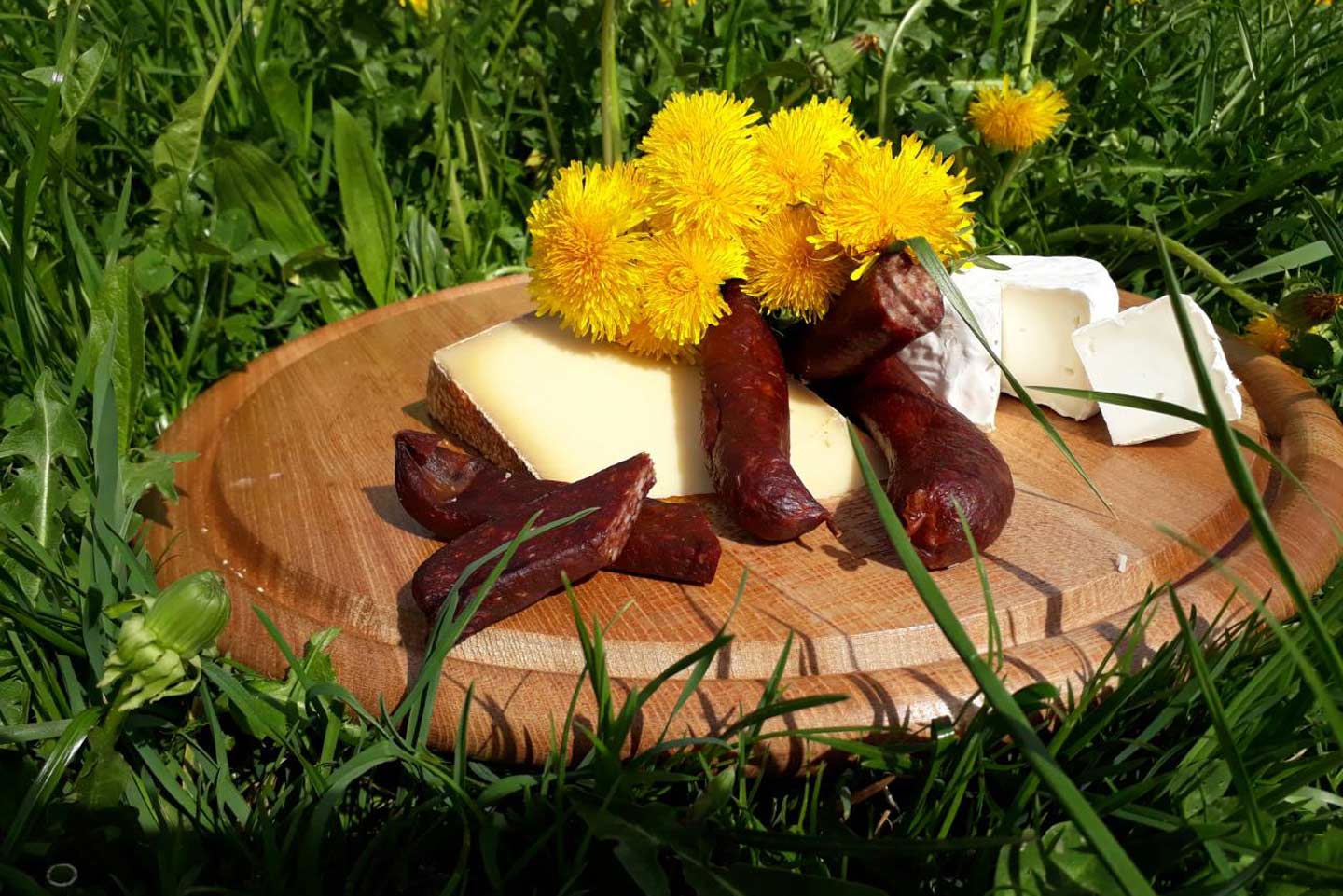 Käse Und Wurstprodukte Sind Schön Auf Einem Holzteller Präsentiert, Welcher Auf Einer Blumenwiese Steht