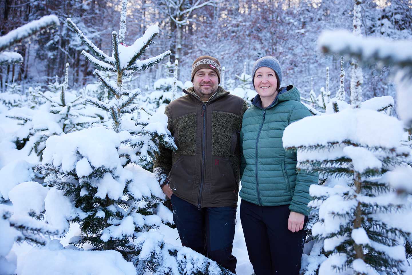Dünser Karin Und Markus Stehen In Ihrer Schneebedeckten Christbaum Kultur Zwischen Bäumen