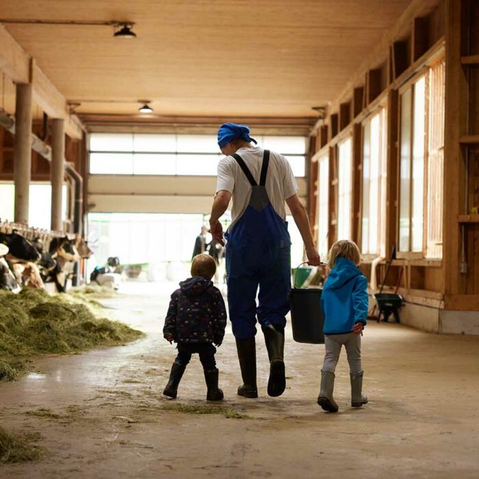 Andreas geht mit seinen Kindern durch den Kuhstall.