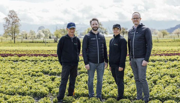 Walter Gehrer, Martin Wagner, Fabienne Gehrer Und Marcel Strauß Auf Dem Feld Von Jungpflanzen Und Gemüsebau Gehrer