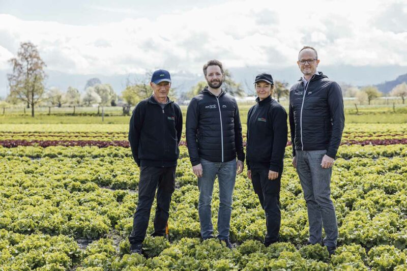 Walter Gehrer, Martin Wagner, Fabienne Gehrer Und Marcel Strauß Auf Dem Feld Von Jungpflanzen Und Gemüsebau Gehrer