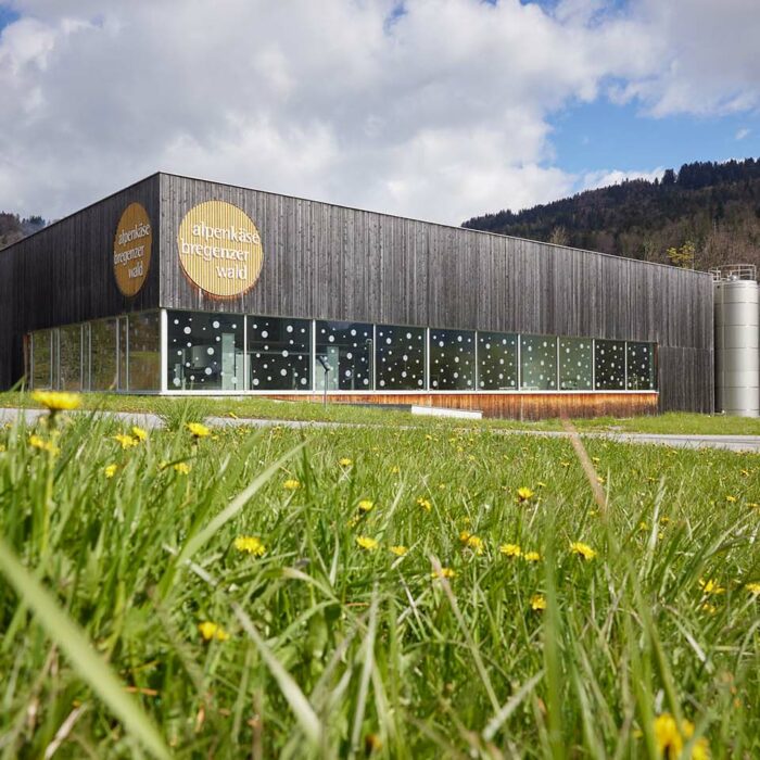 Auf dem Bild ist das Gebäude der Alpenkäse Bregenzerwald Sennerei zu sehen, außerdem sieht man im Vordergrund eine blühende Frühlingswiese