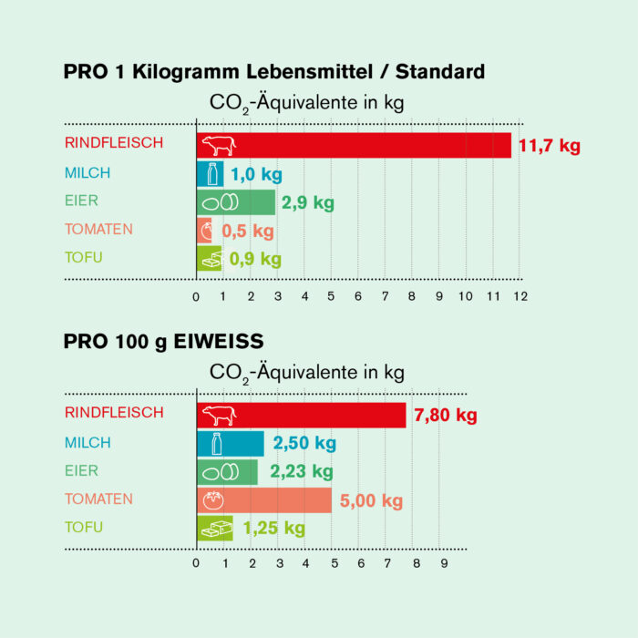 Grafik CO2 Äquivalente Lebensmittel und Eiweiss