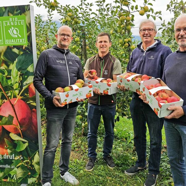 Ländle Apfel Pressekonferenz: Marcel Strauß (Ländle Marketing), Simon Matt (Balottahof), Jens Blum (Wiesenhof), Ulrich Höfert (LK Vorarlberg). (Foto: Ländle Marketing)