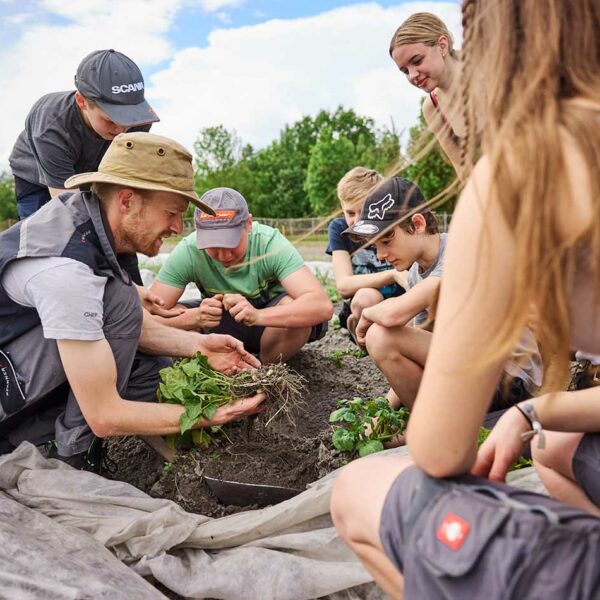 Einer Lehrer des Bäuerlichen Schul- und Bildungszentrum Vorarlbergs kniet mit einigen seiner Schülern im Acker und unterrichtet diese praxisnah.