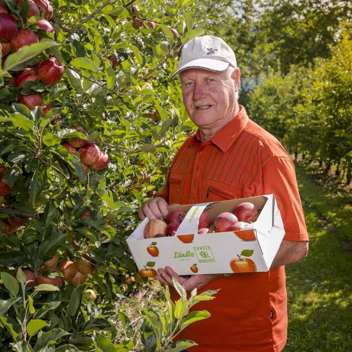 Manfred Nägele - Portrait mit Ländle Apfel Karton in der Plantage (Foto: Michael Kreyer)