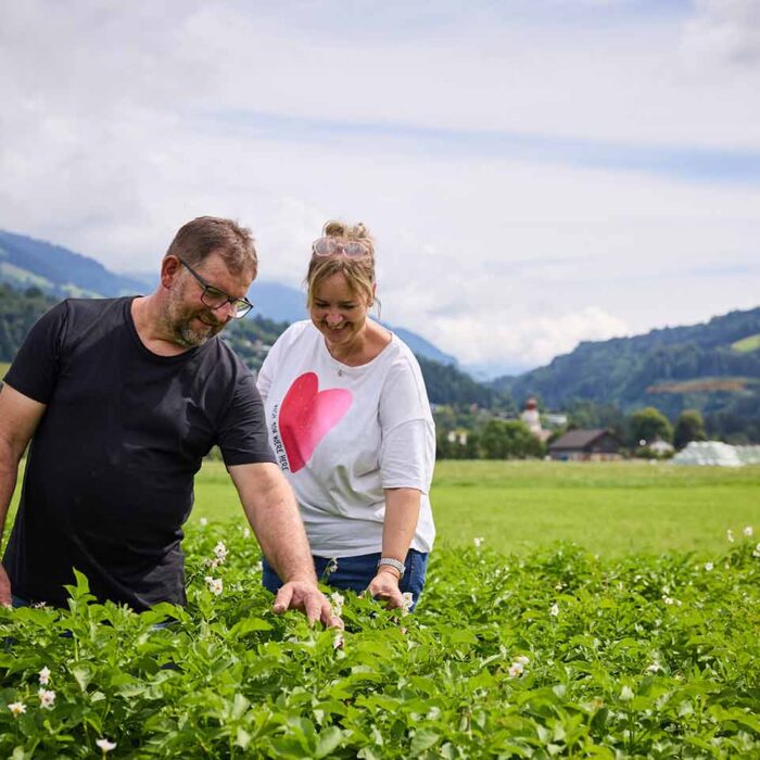 Lärchenhof - Michael und Edith Tschann begutachten ihr Kartoffelfeld (Foto: Christoph Pallinger)