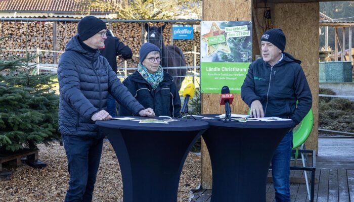 Ländle Christbaum PK 2025: Marcel Strauß (Ländle Marketing), Balbina Jochum (Ländle Christbaum Produzentin) Und Thomas Ölz (LK Vorarlberg) (Foto: LQM)