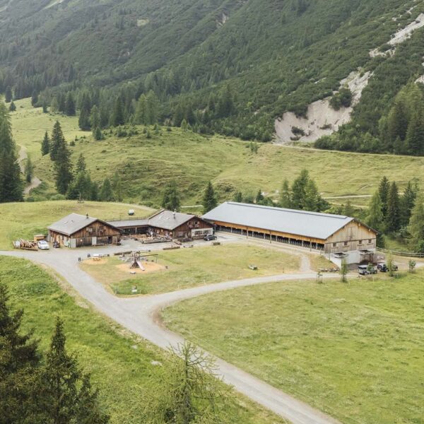 Drohnenaufnahme von der Alpe Parpfienz mit der umliegenden Landschaft.